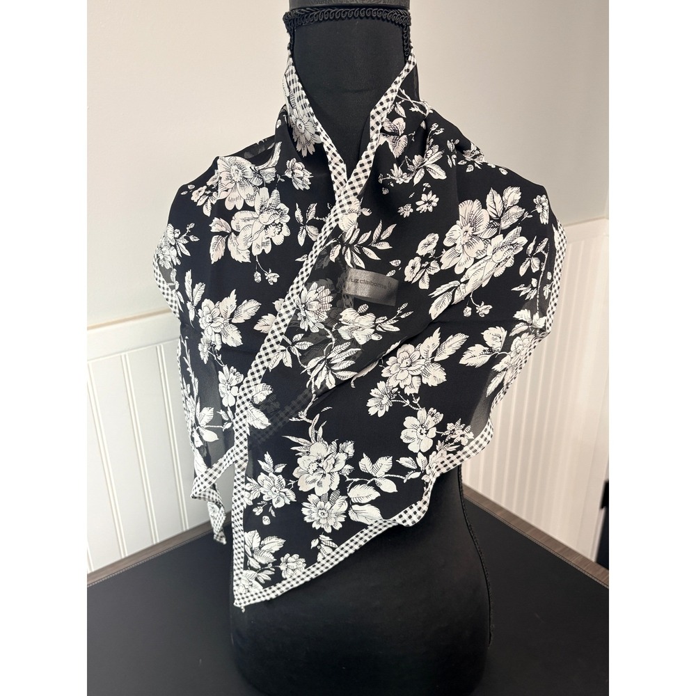 Liz Claiborne Silk Scarf Black White Floral Gingham Check Border Rectangle 46x10